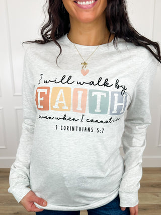 Walk By Faith Cotton Blend Long Sleeve Grey Avery Mae Graphic Tee Shirt (Bella+Canvas)