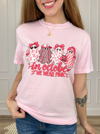 Pink cotton crew-neck short-sleeve tee with 'In October We Wear Pink' heart graphic