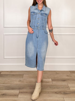 Medium wash denim sleeveless midi dress with button front and chest pockets