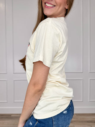 Cream cotton short-sleeve tee, side view, crew neck