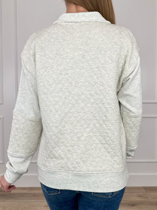 Light heather gray cotton-blend quarter-zip long-sleeve top, back view
