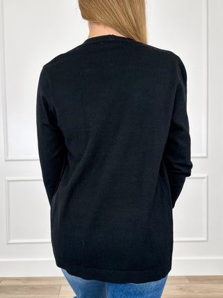 Black knit long-sleeve cardigan, back view
