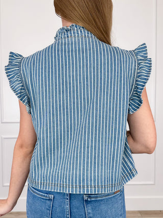 Bibi Adding to Your Happiness Cotton Medium Wash Mom Cropped Denim Vest