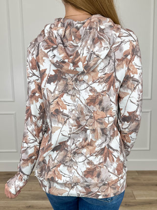 Women's long-sleeve hoodie sweatshirt, back view, brown leaf print with hood and pocket