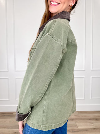 Hard to Believe Cotton Long Sleeve Green Avery Mae Denim Jacket