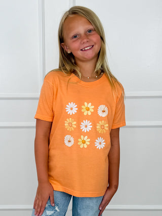 Kids orange crewneck graphic T-shirt with white and yellow daisy flower print