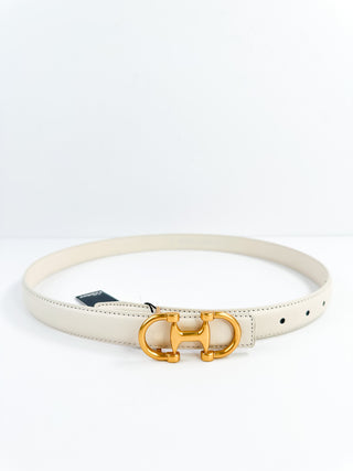Bone white leather belt with gold-tone buckle and stitched strap edges.