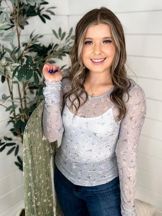 Hem & Thread Blooming Floral Sheer Mesh Long Sleeve Top - 2 colors!