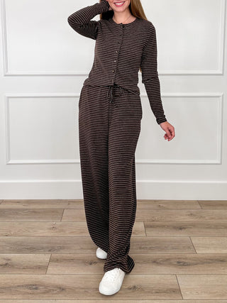 Brown striped knit button-top and high-rise wide-leg pants set, side view