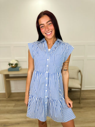 Between the Lines Cotton Cap Sleeve Blue Avery Mae Dress
