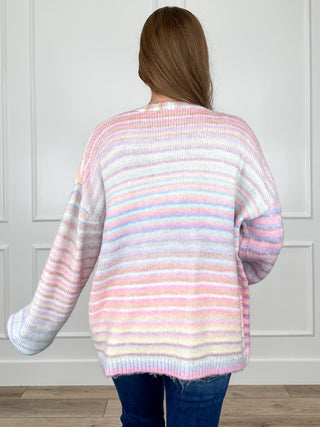 Pastel multi striped knit cardigan back view, long sleeves with ribbed cuffs