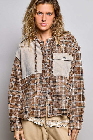 Tan-and-brown plaid hooded woven top with beige patch pockets and button front