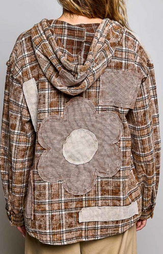 Tan plaid hooded woven top with large flower applique on back