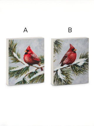 Pair of cardinal wood signs showing options A and B with pine branches