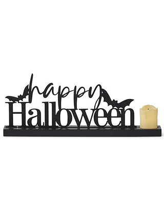 Black Happy Halloween LED decor with candle-style lights on base