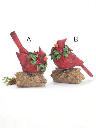 Resin cardinal decor options A and B: red birds with green foliage on stone bases