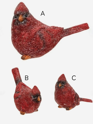 Glittered red resin cardinal bird decor options A, B, and C shown together