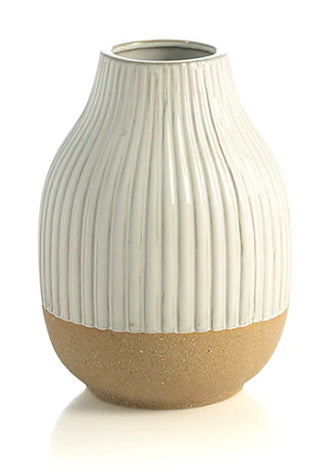 Neutral ceramic vase with vertical ribbed cream body and brown bottom base