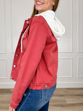 Brick red hooded denim jacket, side view with snap buttons and long sleeves