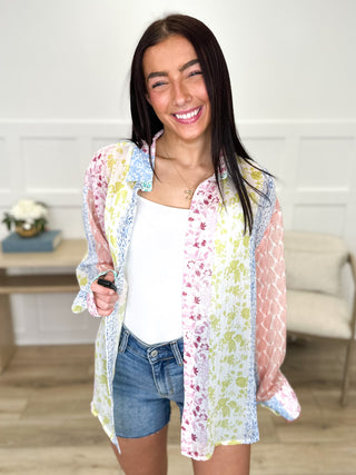 Easel Mixed Signals Sheer Long Sleeve Button Up Top