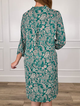 Green paisley floral wrinkle-free Gabby dress, back view, 3/4 sleeves