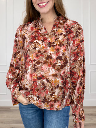 Floral print long-sleeve top with collar, rayon blend, latte brown base