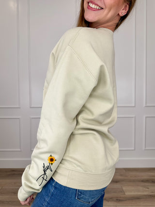 Give Them a Smile Cotton Blend Long Sleeve Sand Avery Mae Graphic Crewneck Sweatshirt (Gildan)