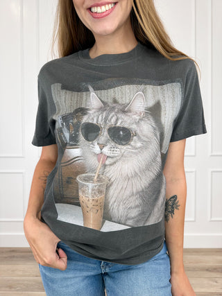 Grey cotton graphic tee with cat wearing sunglasses and holding an iced drink