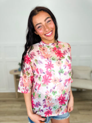 Floral Focus Sheer Mesh Short Sleeve Pink Avery Mae Top