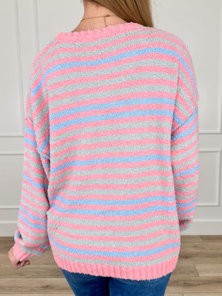 Multi striped knit long-sleeve sweater back view, ribbed hem and cuffs