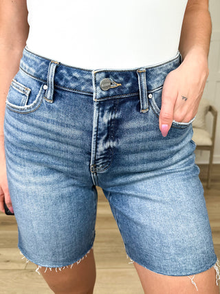 Risen Tilly Tummy Control Denim Shorts - Medium Wash (Raw Hem, Non-Distressed)