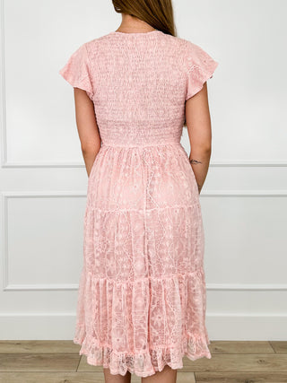 Pink lace back view dress with gathered waist and flutter sleeves