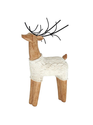 Standing resin deer decor with a cream knitted body, wood-look legs and black antlers