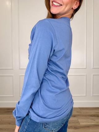 In a Rhinestone World Cotton Long Sleeve Blue Avery Mae Graphic Tee Shirt (Bella+Canvas)