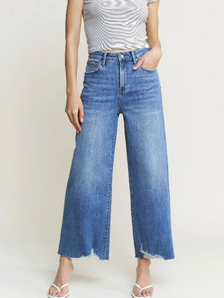 PRE-ORDERMICA Mica High Rise Wide Leg Cropped Fray Hem Blue Jeans