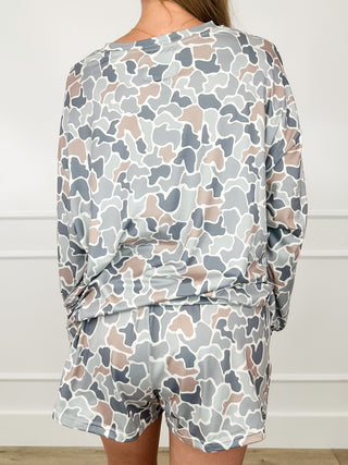 Cream camo lounge set with long-sleeve top and high-rise shorts, back view