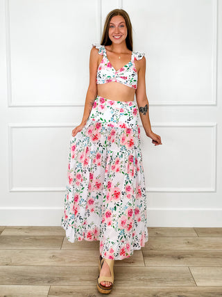 Floral print swim crop top with ruffled sleeves and tiered maxi skirt