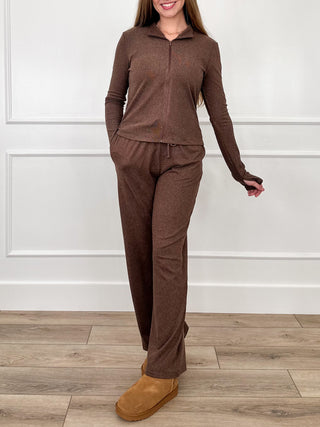 Brown high-rise lounge set with zip hoodie and drawstring jogger pants