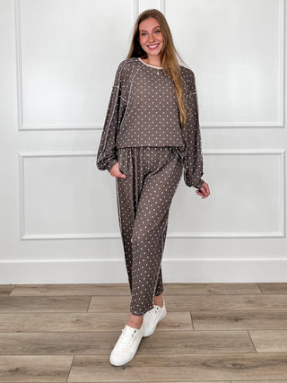 Brown dotted knit lounge set: long-sleeve top and high-rise barrel pants