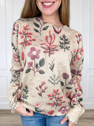 Knit long-sleeve oat sweater top with multicolor botanical floral print, crew neckline