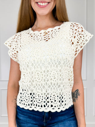 Cream knit short-sleeve cropped sweater top with openwork lace pattern