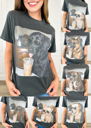 Set of dark grey short-sleeve graphic tee shirts featuring dog with sunglasses and iced drink cup.