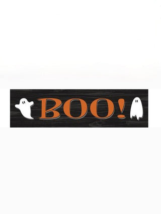 Wood shelf sitter plaque with 'BOO!' and white ghost cutouts