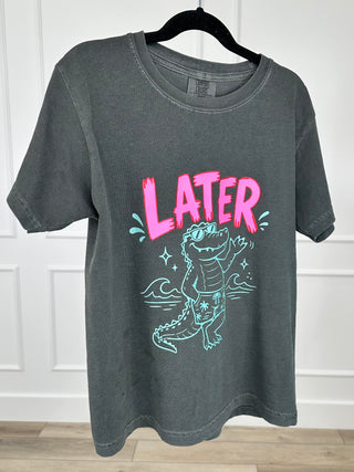 Kids grey cotton short-sleeve tee with front 'LATER' pink text and teal gator print