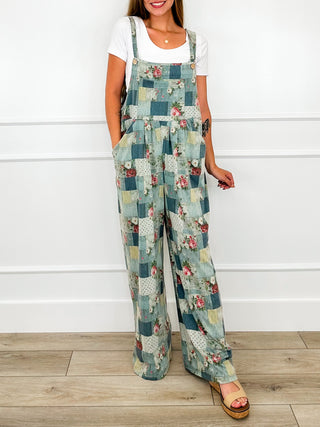 Teal patchwork floral overalls with bib front and wide legs