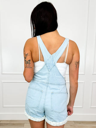 Back view of light medium wash denim overall shorts with crisscross straps and back yoke