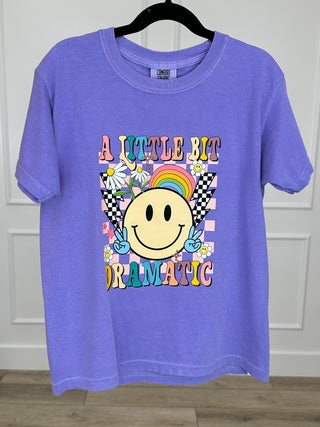 Kids purple cotton graphic T-shirt, short sleeves, rainbow smiley face