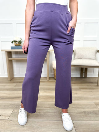 Smokey lilac high-rise Avery Mae bottoms with wide-leg silhouette and straight hems