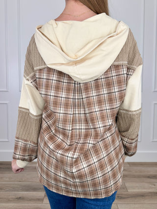 Cream cotton hooded long-sleeve top, plaid sleeves, hooded back view