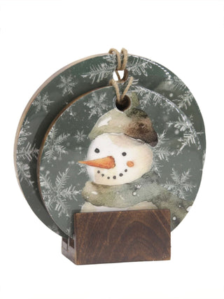 Green wood tray with snowman decoration and hanging loop